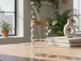 Vaso vidrio ondulado tapa madera y sorbete vidrio